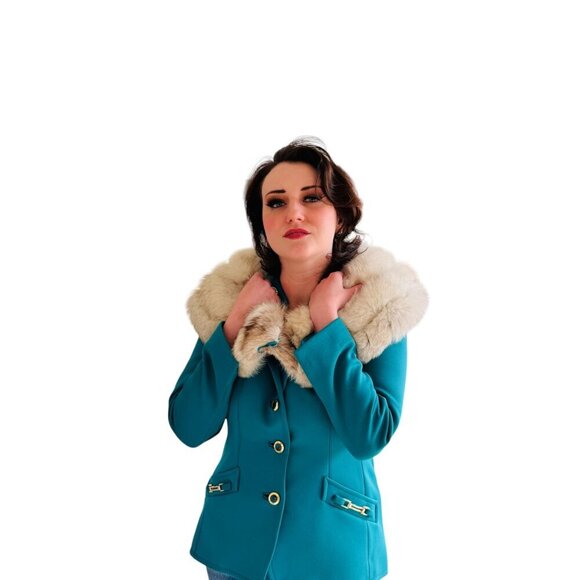 Lilli Ann Vintage Teal Jacket with fox fur collar SZM_6 - Picture 6 of 11
